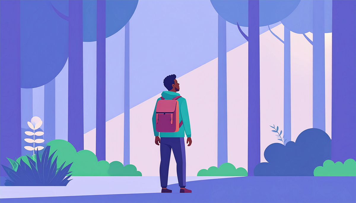 Person standing in serene forest. Taking time to slowing down for wisdom.